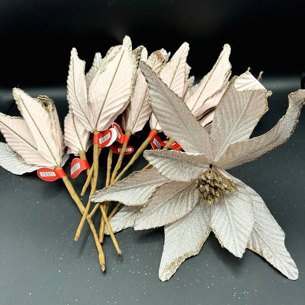 10 CHRISTMAS Poinsettia Rose Gold Glitter Tree Decor Floral‎ Pick Stem Pale Pink